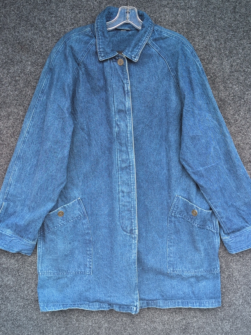 Vtg Eddie Bauer Jean Jacket Womens Extra Large Blue Denim Long Chore Hong Kong
